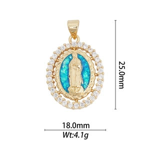 Detailed view of an oval 18k gold religious pendant with Virgin Mary and blue opal inlay