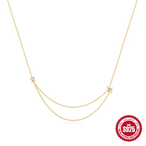 925 Sterling Silver Double Layer Star Necklace Gold Plated Sparkling Zircon Pendant Clavicle Chain For Women