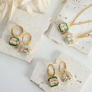 Elegant gold plated titanium steel jewelry set with colorful enamel and cubic zirconia
