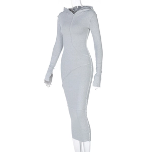 Detail of grey slim fit hooded dress with seam stitching and thumbhole cuffs