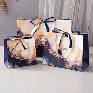 Elegant Marble Texture Gift Paper Bags Gold Foil With Ribbon Bow And Rope Handle For Wedding Birthday Holiday Party