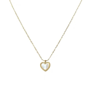 Minimalist gold heart necklace with white mother of pearl inlay and beaded edges