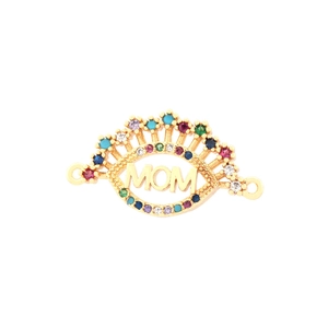 Detail of gold-plated paperclip link with colorful stones and MOM engraving