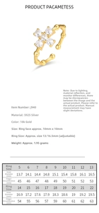 Detailed size guide and measurements for 925 sterling silver clover ring in gold