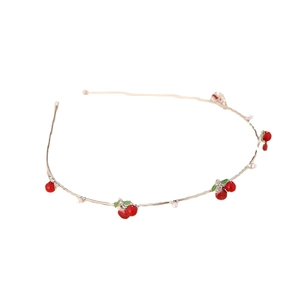 Sweet cherry headband with golden alloy frame, red fruits and white pearls for women