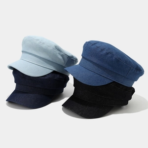 Flat top denim captain hats shown in light blue, navy, and black denim textures