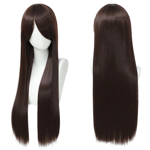 Detailed front and back view of 80cm dark brown long straight cosplay wig with bangs