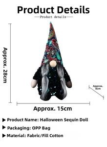 Detailed view of Halloween gnome sequin doll with size specifications of 28x15x8cm