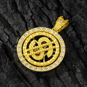 Detailed close-up of golden dollar sign rotating pendant with sparkling zircons