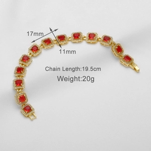 Detail of 18k gold plated bracelet showing red zircon stones with dimension labels
