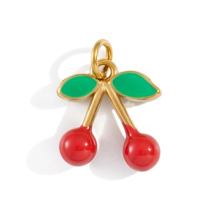 Detail of 18K gold stainless steel cherry charm with vibrant red and green enamel coating