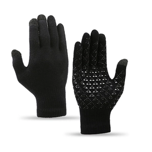 Unisex black knitted gloves featuring touchscreen fingertips and non-slip palm grip