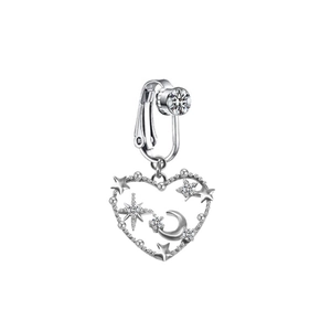 Faux piercing de nombril argenté avec cœur évidé, charmes étoile et lune en zircon