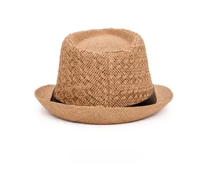 Detailed back view of a khaki straw Panama hat featuring a classic black ribbon band