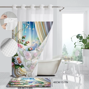 Detail of waterproof waffle shower curtain and non-slip bath mat with floral rose prints