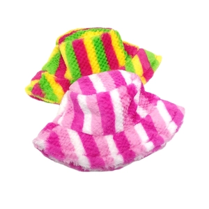 Plush rainbow striped bucket hats in faux fur for winter warmth and fashion