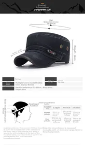 Size guide for vintage cotton flat top cap with measurements for circumference and brim