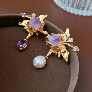Asymmetric gold earrings with lavender stone, baroque pearl and butterfly wing texture