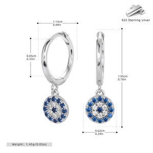 Detailed dimensions of S925 sterling silver evil eye hoop earrings with blue crystal