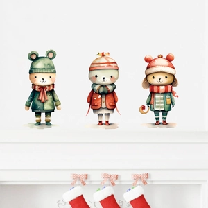 Cartoon bear cat and dog Christmas wall stickers over fireplace with stockings decoration