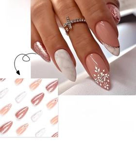 Detail of French almond press-on nails with white snowflake art and glitter marble texture