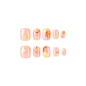Pink heart and star pattern press-on nails with wave lines and smiley face designs