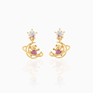 Orecchini a forma di orsetto con stella e luna in ottone placcato oro 18K e gemme rosa
