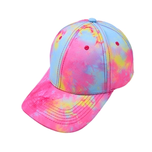 Close-up of tie-dye baseball cap featuring pink blue and yellow cotton canvas detail