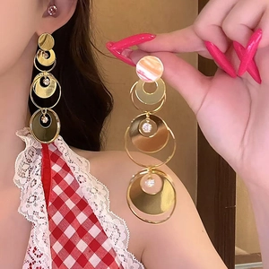 Lussuosi Orecchini Pendenti Rotondi in Rame con Zirconia Multistrato e Perno in Argento Sterling 925 Placcati Oro Geometrici