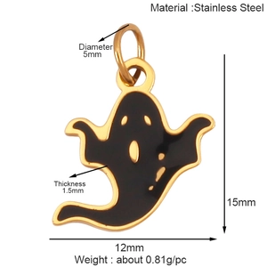 Detailed specs of stainless steel Halloween ghost charm with 15x12mm size and weight details