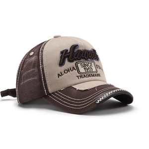 Vintage cotton baseball cap with Hawaii embroidery and distressed patchwork design
