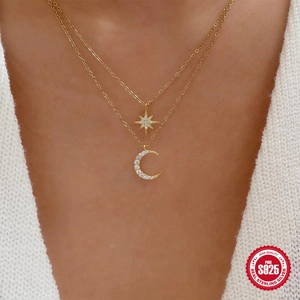 Double-layered S925 sterling silver necklace with star and moon diamond-set pendants