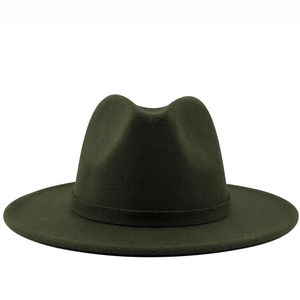 Detail of dark olive green wool felt fedora with matching ribbon and flat brim