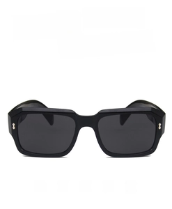 Macro shot of black square oversized sunglasses frame with metallic rivet details