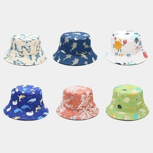 Kids Double-Sided Bucket Hat Cartoon Ocean Shark Pattern Cotton Reversible Sunshade Fisherman Cap Outdoor