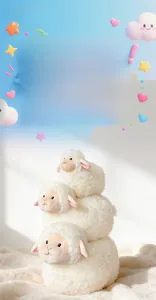Detailed view of three stacked white plush sheep toys with soft curly fur texture