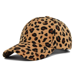Leopard print corduroy baseball cap with a classic curved brim and six-panel structure