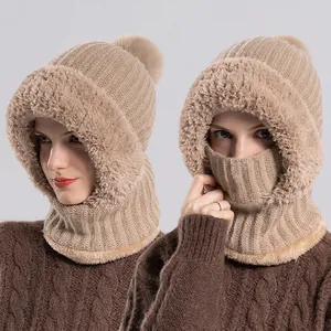 Cagoule Tricotée D'Hiver Pour Femmes Avec Doublure En Fausse Fourrure Coupe-Vent Écharpe À Capuche Chaude Masque Bonnet À Pompon