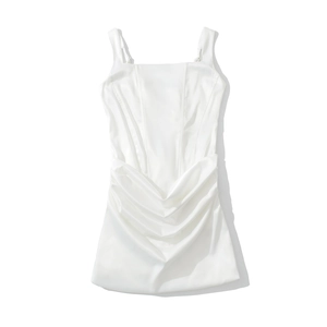 Detail of white square neck sleeveless dress featuring elegant pleats and ruched satin fabric