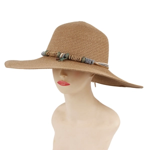 Women's summer straw sun hat with decorative colorful beads and woven strap in khaki