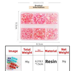 Detailed size specifications for pink resin nail art rhinestones in a 6-grid organizer box