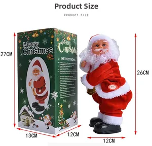 Electric dancing Santa doll with gift box packaging showing dimensions and details