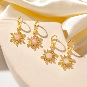 Vintage gold sunburst earrings with opal stone inlay and micro-paved zircons