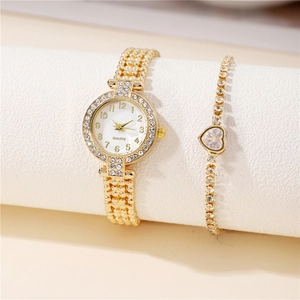 Elegant gold quartz watch with rhinestone bezel and heart-shaped crystal bracelet set