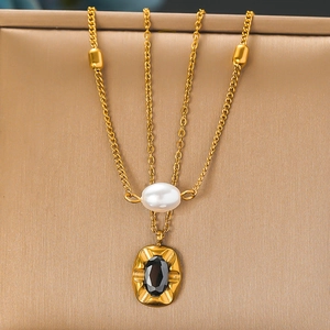 Double Layer Necklace Stainless Steel With Artificial Pearl And Black Gemstone Oval Geometric Pendant Vintage Jewelry For Women