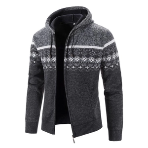 Cardigan da uomo con cappuccio e motivo jacquard nordico in nero e grigio scuro