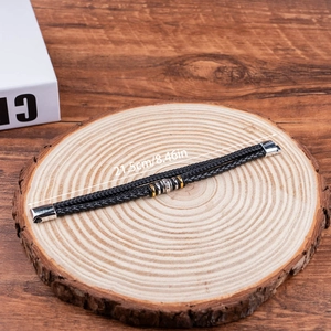 Men's double-layered black braided leather bracelet with metal beads, length 21.5cm/8.46in