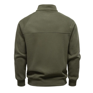 Men's army green half-zip sweatshirt with stand collar and ribbed texture, back view
