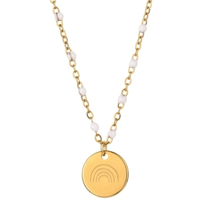 Detailed close-up of a gold stainless steel necklace with white beads and rainbow pendant