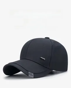 Detailed side view of cotton baseball cap with small metal logo and sport fashion label